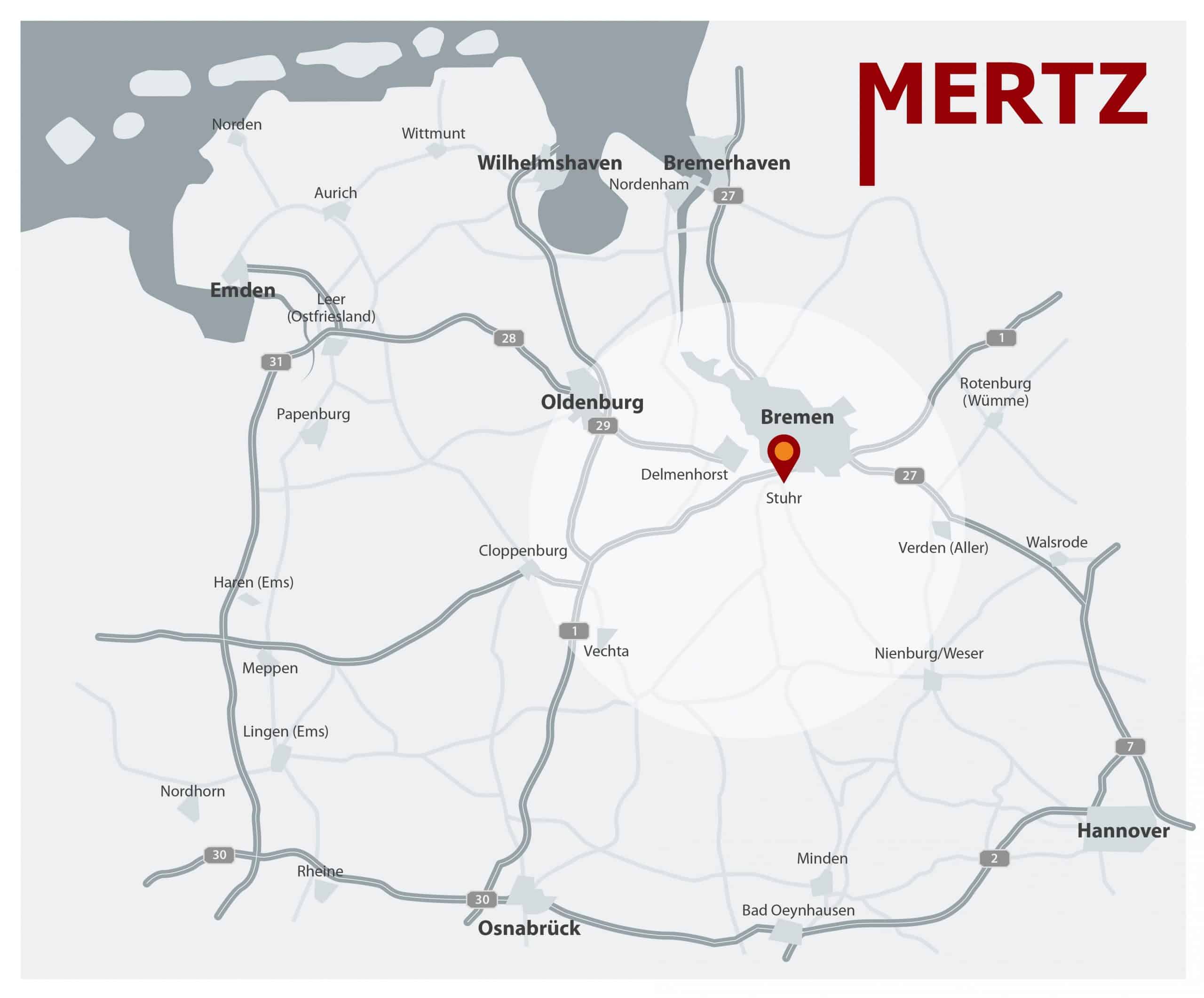 Karte mit dem Liefergebiet der Hanspeter Mertz GmbH